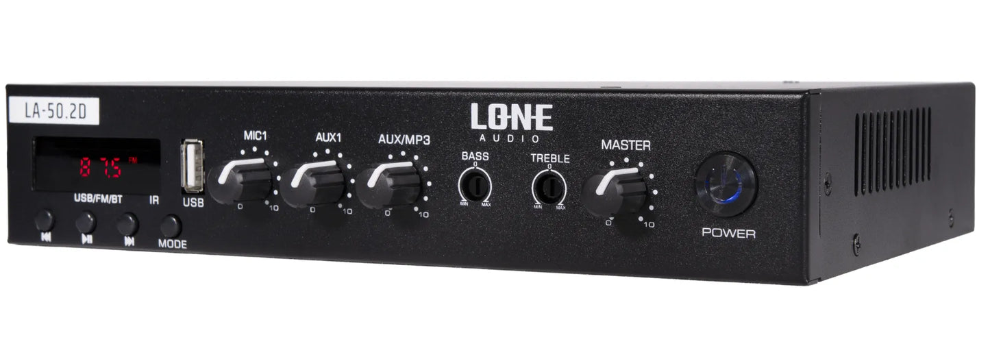 LA-50.2D - Amplificateur mélangeur multimédia 2 x 50W en 100V et 4-16 ohms - Face avant cotée droit