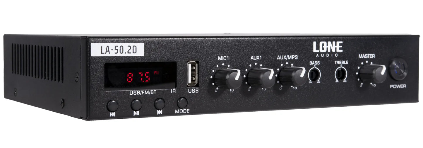 LA-50.2D - Amplificateur mélangeur multimédia 2 x 50W en 100V et 4-16 ohms - Face avant cotée gauche