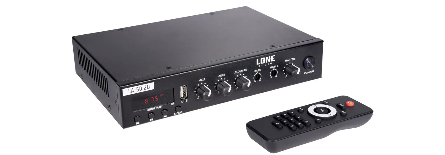 LA-50.2D - Amplificateur mélangeur multimédia 2 x 50W en 100V et 4-16 ohms - Face avant télécommande