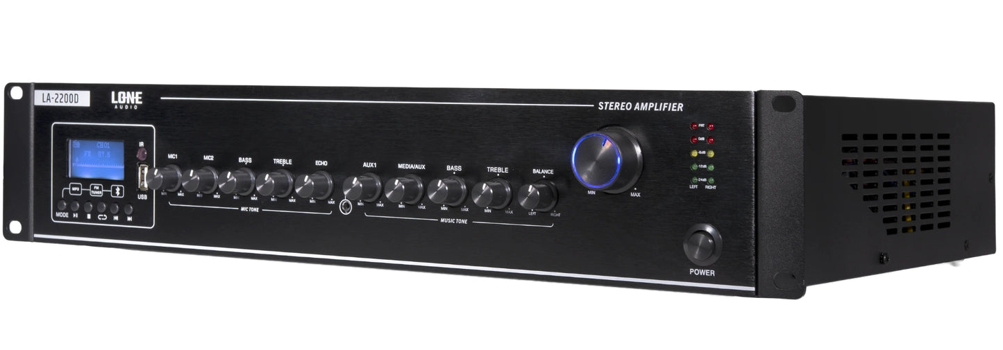 LA-2200D - Amplificateur mélangeur multimédia 2 x 200W en 4-8 ohms - Face avant cotée droit