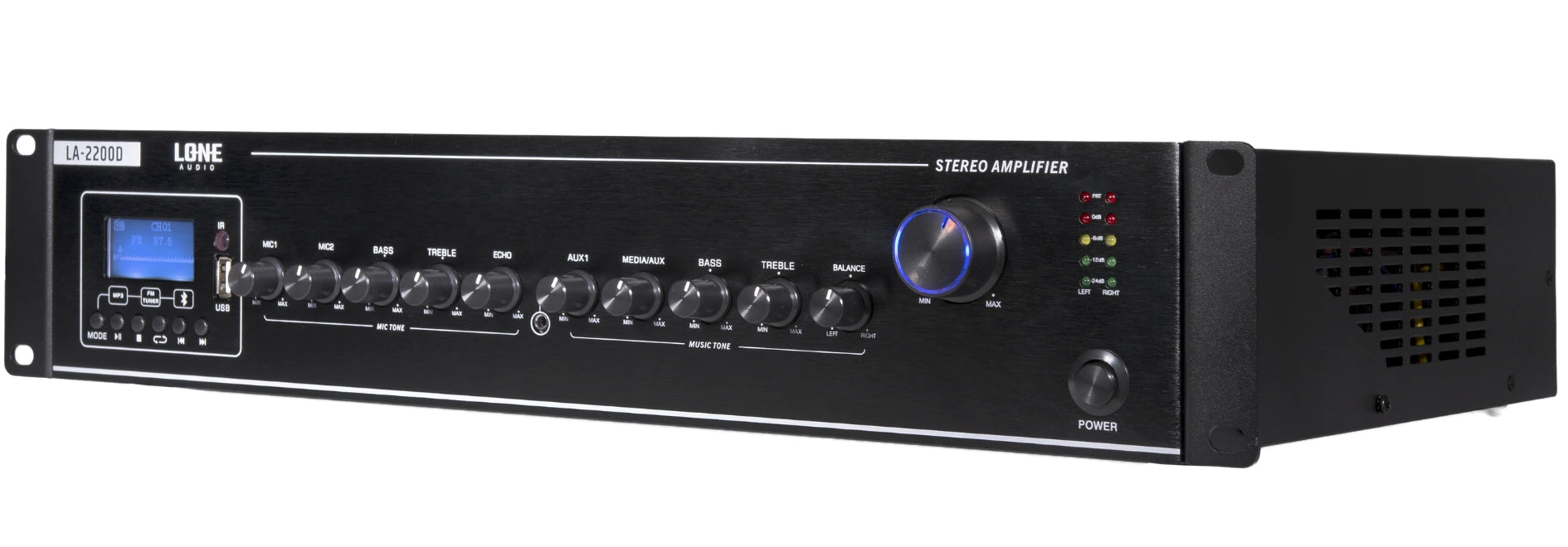 LA-2200D - Amplificateur mélangeur multimédia 2 x 200W en 4-8 ohms - Face avant cotée droit