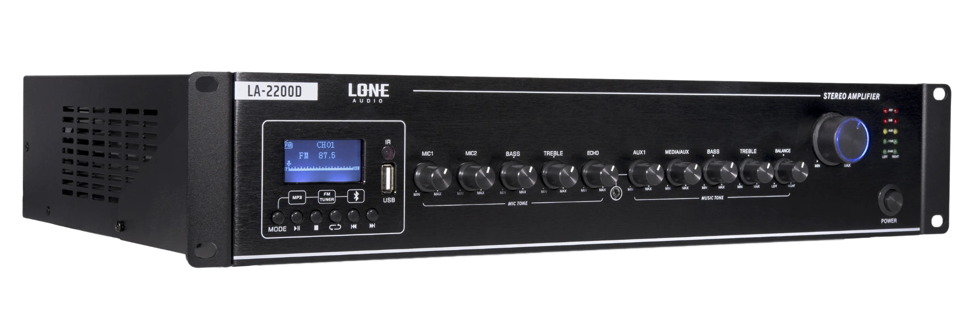LA-2200D - Amplificateur mélangeur multimédia 2 x 200W en 4-8 ohms - Face avant cotée gauche