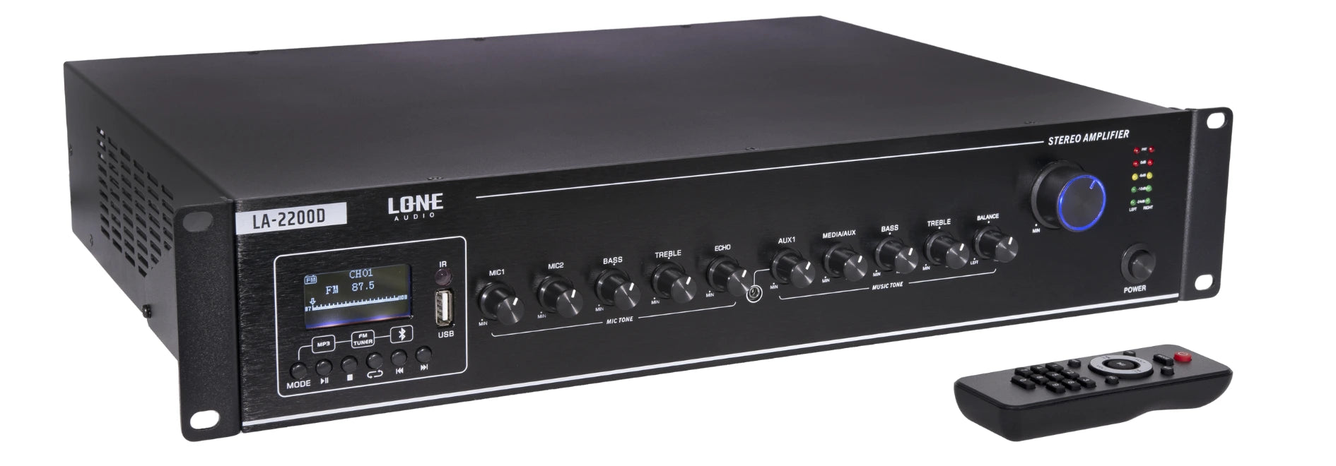 LA-2200D - Amplificateur mélangeur multimédia 2 x 200W en 4-8 ohms - Face avant télécommande