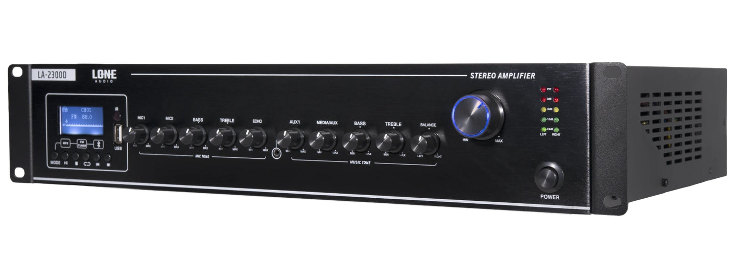 LA-2300D - Amplificateur mélangeur multimédia 2 x 300W en 4-8 ohms - Face avant cotée droit