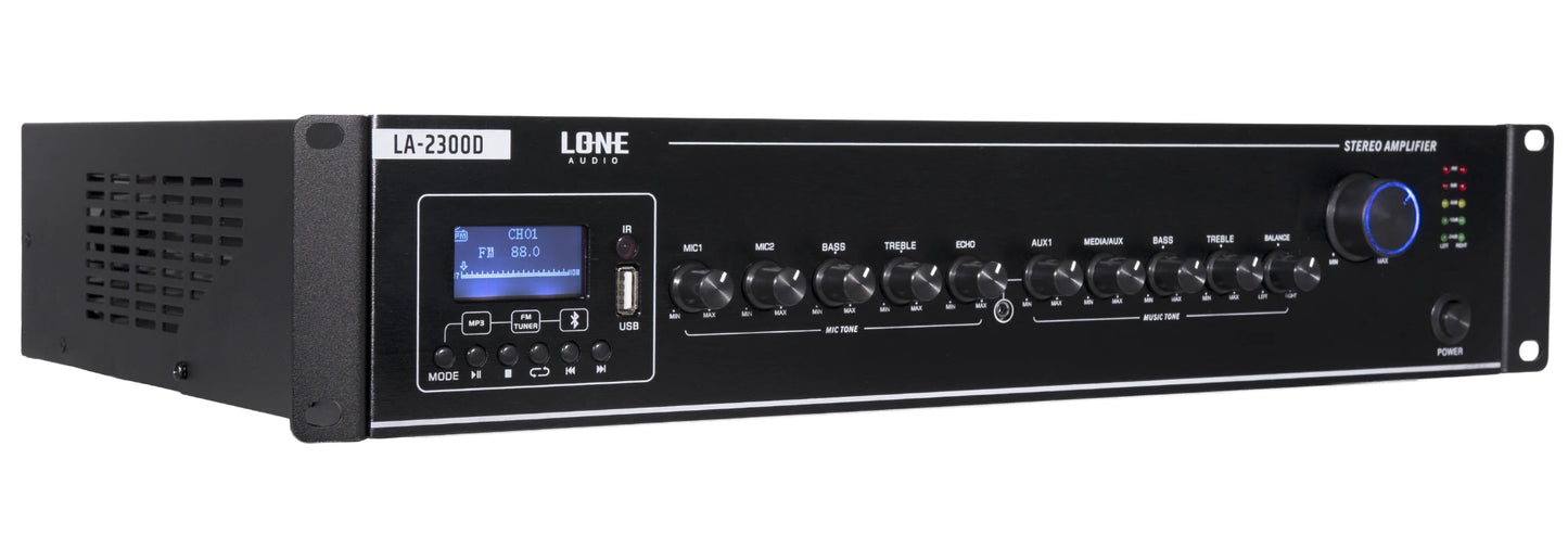LA-2300D - Amplificateur mélangeur multimédia 2 x 300W en 4-8 ohms - Face avant cotée gauche