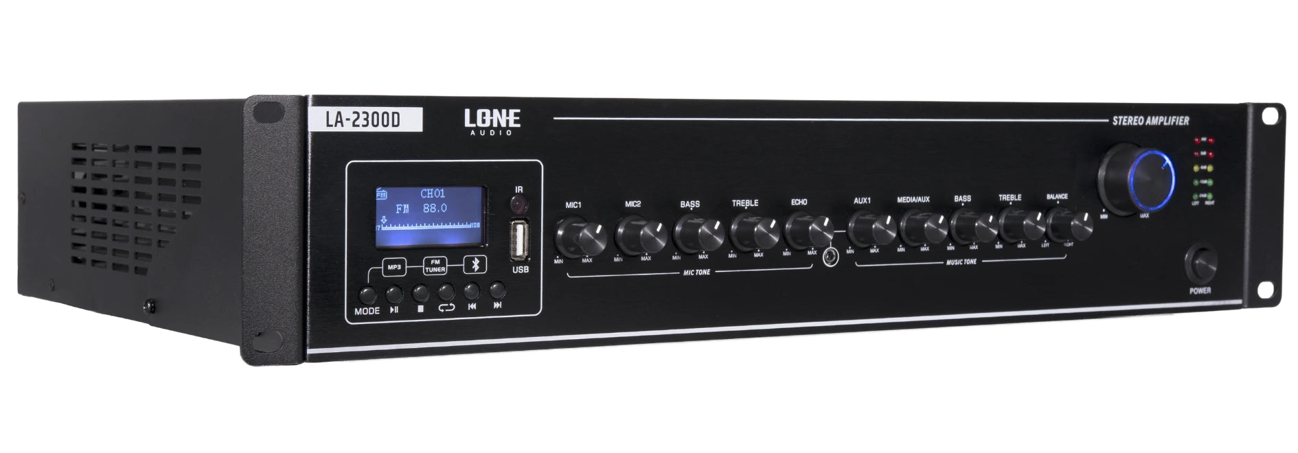 LA-2300D - Amplificateur mélangeur multimédia 2 x 300W en 4-8 ohms - Face avant cotée gauche