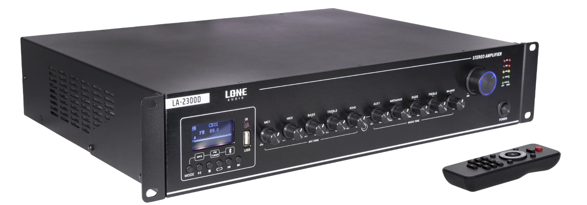 LA-2300D - Amplificateur mélangeur multimédia 2 x 300W en 4-8 ohms - Face avant télécommande